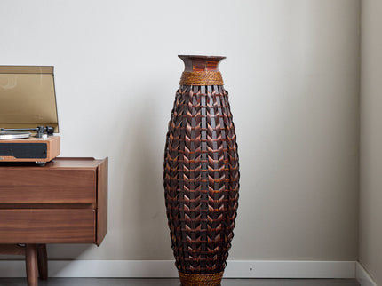 Hand Woven Bamboo Floor Vase, Decorative Accent For Living Room - Acacia Wood