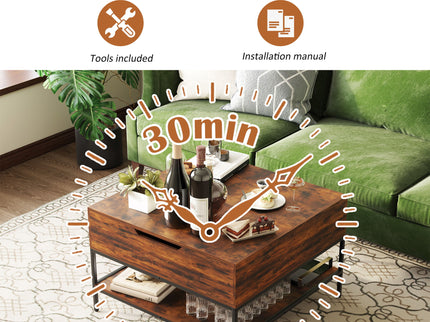 Rustic Flip Top Coffee Table With Hidden Storage - Black / Brown