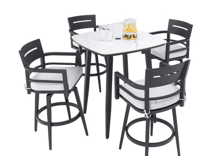 Modern Outdoor Patio Bar Set, Rounded Square Table & Bar Chairs, Non Rust Frame, Tapered Legs, Sunbrella Cushion