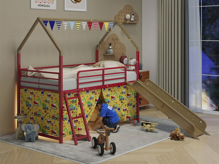 Jack - House Loft Bed With Slide And Curtain Set
