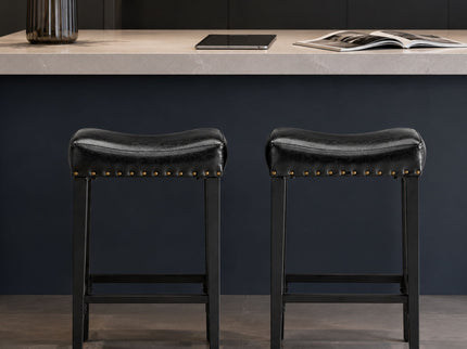 Bar Stool With Brass Nailhead Trim (Set of 2) - Black