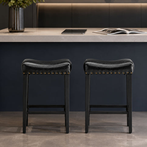 Bar Stool With Brass Nailhead Trim (Set of 2) - Black