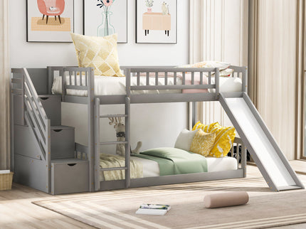 Twin Over Twin Bunk Stairway Bed With 2 Drawers And Slide - Gray