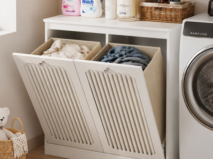 Louvered Flip Top Laundry Cabinet With Dual Fabric Baskets - White