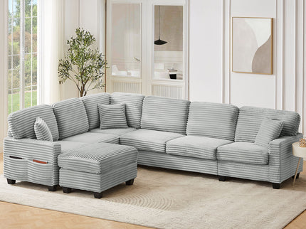 Upholstered U-Shaped Sectional Sofa With Movable Ottoman And Side Storage Pockets