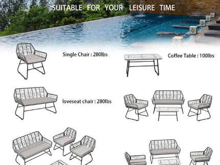 4 Piece Wicker Patio Furniture Set With Tempered Glass Table And Detachable Cushions