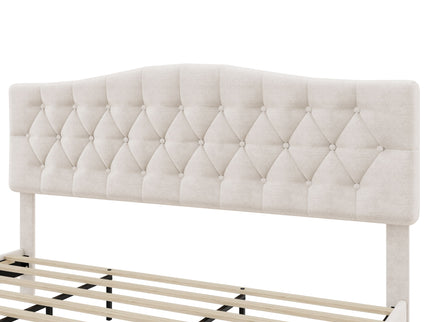 King Upholstered Platform Bed With Curved Adjustable Headboard And Diamond Tufted Details, No Box Spring Needed - Beige