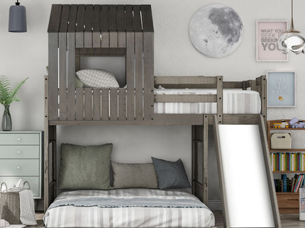 Loft Bunk Bed With Playhouse, Farmhouse, Ladder, Slide And Guardrails
