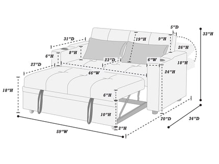 Modern Style Convertible Sofa With Pull-Out Bed, USB Ports & Cup Holders