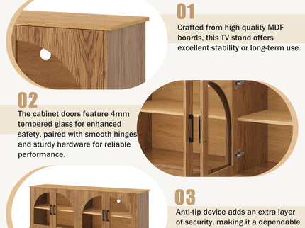 TV Stand With Semi Arched Glass Doors, Media Console With Adjustable Shelves For Living Room - Brown