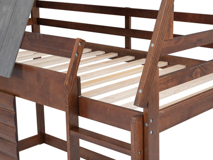 Wood Twin Size House Bunk Bed With Roof, Ladder And 2 Windows - Oak & Smoky Gray