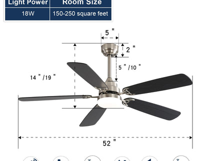 52" Ceiling Fan With LED Light, 6 Speed Remote Control, Reversible DC Motor