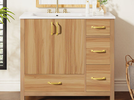 36" Bathroom Vanity, 2 Soft Close Doors, 4 Soft Close Drawers, Adjustable Shelf, Storage Cabinet - Acacia Wood