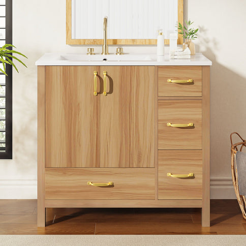 Bathroom Vanity, 2 Soft Close Doors, 4 Soft Close Drawers, Adjustable Shelf, Storage Cabinet - Acacia Wood