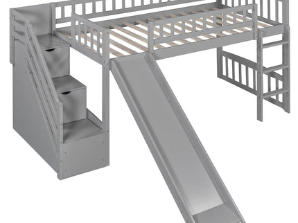 Loft Stairway Bed With 2 Drawers, Convertible Ladder And Slide