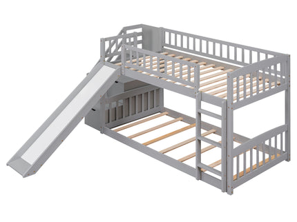 Twin Over Twin Bunk Stairway Bed With 2 Drawers And Slide - Gray