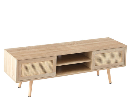 55.12" Rattan TV Cabinet, Double Sliding Doors For Storage, Adjustable Shelf, Solid Wood Legs, TV Console For Living Room