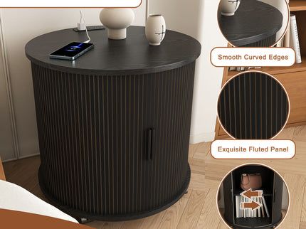 Cylinder Nightstand With Charging Station & Sliding Door