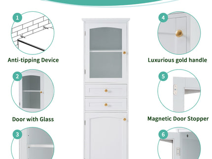 Tall Bathroom Storage Cabinet With Glass Doors, Free-Standing, Two Drawers, And Adjustable Shelves, Board, Painted Perfect For Displaying Your Favorite Items