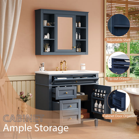 Bathroom Vanity With Mirror Cabinet, Single Sink With 2 Soft Closing Doors And 4 Drawers