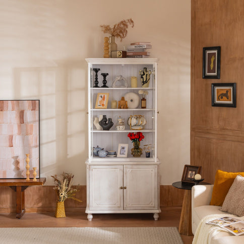 Vintage Display Cabinet With Double Glass Doors, Traditional Style Hutch For Home Or Workspace Washed - White Washed