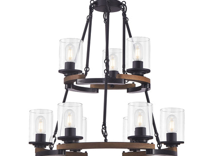 Wagon Wheel Chandelier, Ceiling Light With Adjustable Height - Black / Brown