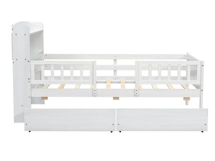 Platform Bed With LED Light, Multi Functional Headboard, Guardrail And 2 Drawers