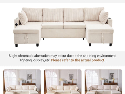 Sectional Sofa Bed With Pull Out Sleeper, USB Ports, Cup Holders