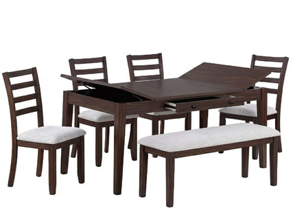 6 Piece Dining Set Table With Storage Ladder Back Chairs And Bench - Walnut