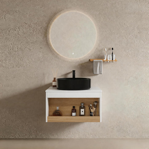 Floating Bathroom Vanity With Glossy Round Vessel Sink