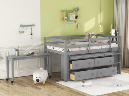 Loft Bed With Retractable Writing Desk And 4 Drawers, With Lateral Portable Desk And Shelves