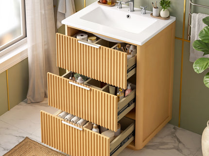 Bathroom Vanity With Sink, Open Shelf & Closed Storage - Natural Wood