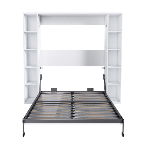 Queen Murphy Bed With Storage Cabinet, Foldable Wall Bed For Bedrooms - White