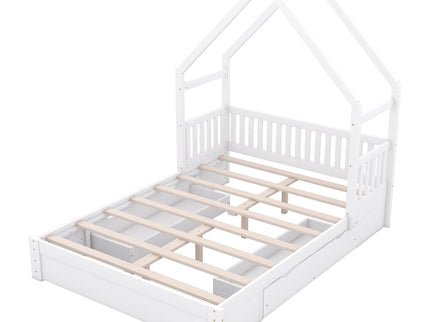 House Style Platform Bed With Guardrail And 2 Drawers