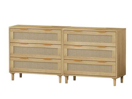 3 Drawers Rattan Storage Cabinet Rattan Drawer, For Bedroom, Living Room, Dining Room, Hallways (Set of 2) - Oak