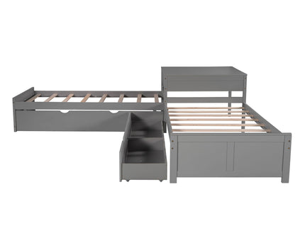 L Shaped Platform Bed With Trundle And Drawers Linked With Built In Desk