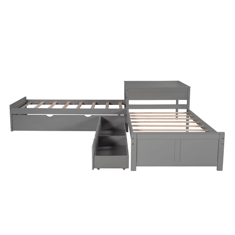 L Shaped Platform Bed With Trundle And Drawers Linked With Built In Desk