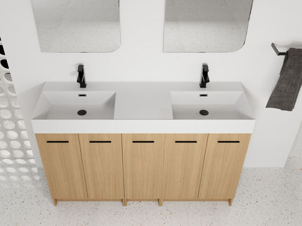 Double Sink Bathroom Vanity With Extra Large Storage, Integrated Sink, Freestanding Cabinet, Soft Close Doors - Glossy White / Light Oak