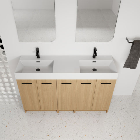 Double Sink Bathroom Vanity With Extra Large Storage, Integrated Sink, Freestanding Cabinet, Soft Close Doors - Glossy White / Light Oak