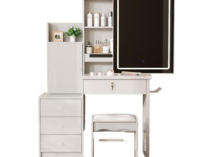 Vanity Desk Set With Sliding Lighted Mirror, 4 Drawer Makeup Dressing Table With 9 Storage Spaces, Hidden Compartments & Cushioned Stool, Beauty Furniture For Bedroom - White