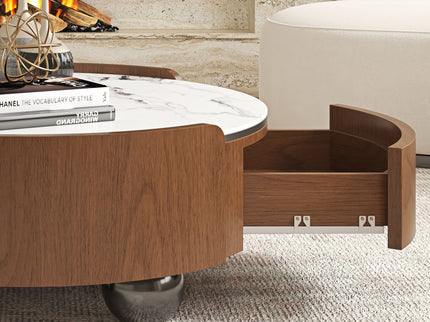 Round Coffee Table With Ball Feet, Dual Storage Drawers For Living Room - Walnut Brown