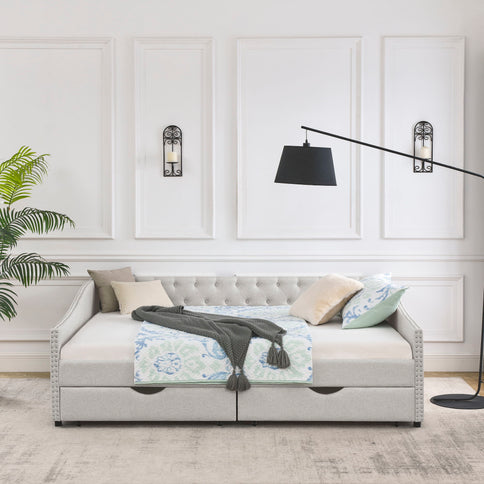 Upholstered Tufted Daybed With Drawers, Waved Arms