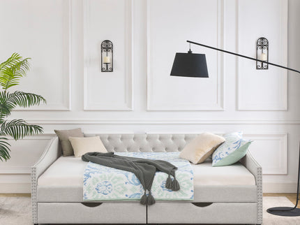 Upholstered Tufted Daybed With Drawers, Waved Arms