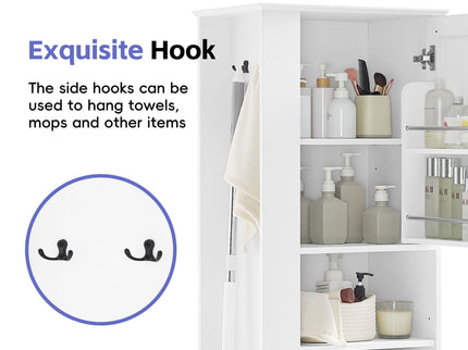 Freestanding Bathroom Storage Cabinet With Adjustable Shelves And Side Hooks Board, Rectangle Design