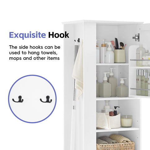 Freestanding Bathroom Storage Cabinet With Adjustable Shelves And Side Hooks Board, Rectangle Design