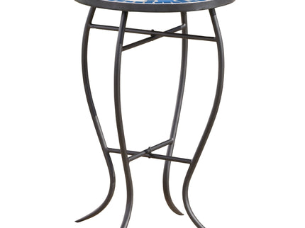 Outdoor Round Side Table With Mosaic Style Top And Curved Iron Legs - Blue / Matte Black