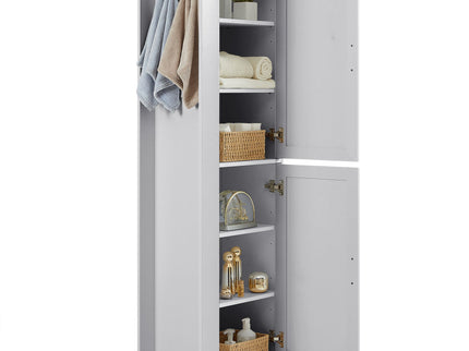 Tall Freestanding Bathroom Storage Cabinet With Adjustable Shelves And Side Hooks