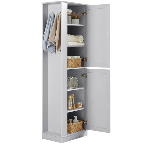 Tall Freestanding Bathroom Storage Cabinet With Adjustable Shelves And Side Hooks