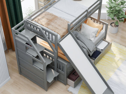 Bunk Bed With Storage Staircase, Slide, Desk, Drawers, And Shelves