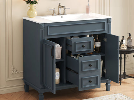 36" Bathroom Vanity With Top Sink, Basin On Cabinet With 2 Soft Closing Doors And 2 Drawers - Blue